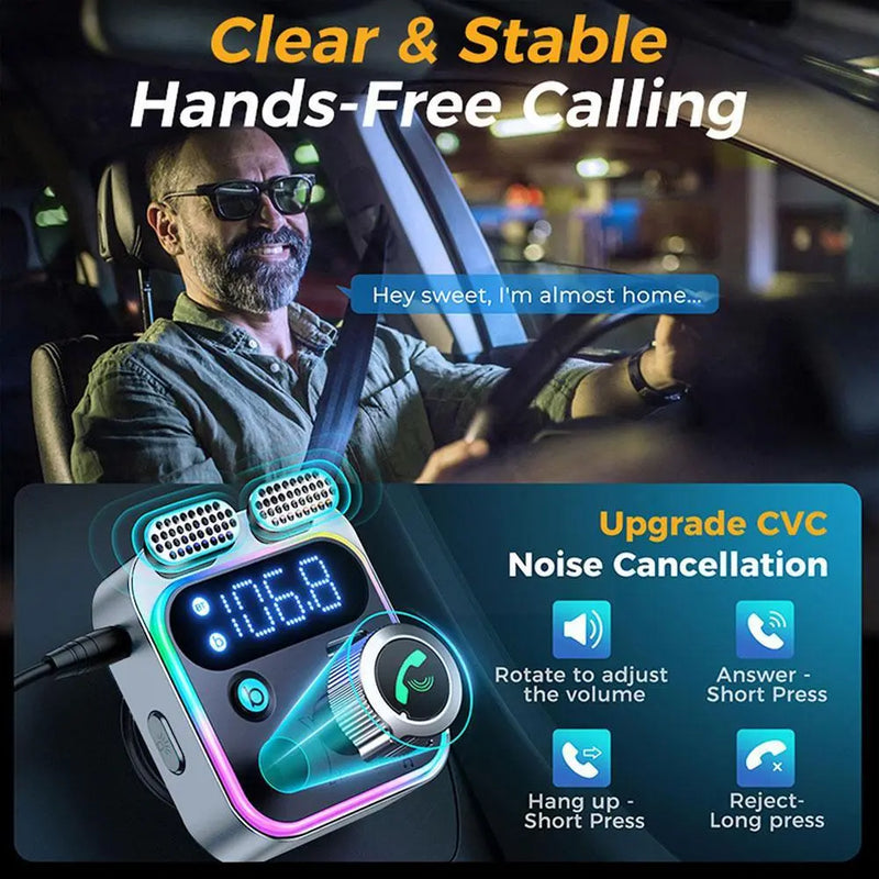 Transmissor FM Bluetooth 5.3 Para Carros com Microfones duplos